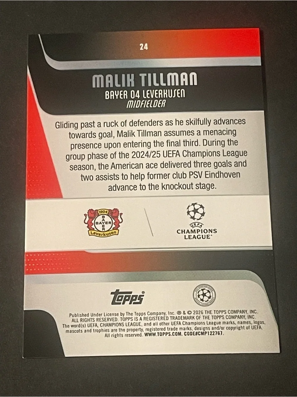2025/26 Topps UEFA Malik Tillman #24 Purple Inferno Holo 240/250 Card